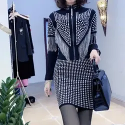 2024 elegante primavera autunno Punk Fashion Rivet Matching set donna nappa Zipper Stand Collar manica lunga Sexy Slim Dress Sets