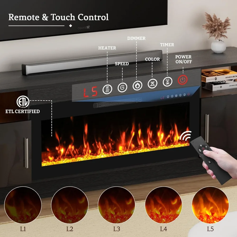 حامل تلفزيون أسود 70 مع مدفأة مدمجة لأجهزة التلفاز مقاس 75+ بوصة - مركز ترفيه مزود بمصابيح LED وتخزين وأبواب عالية اللمعان