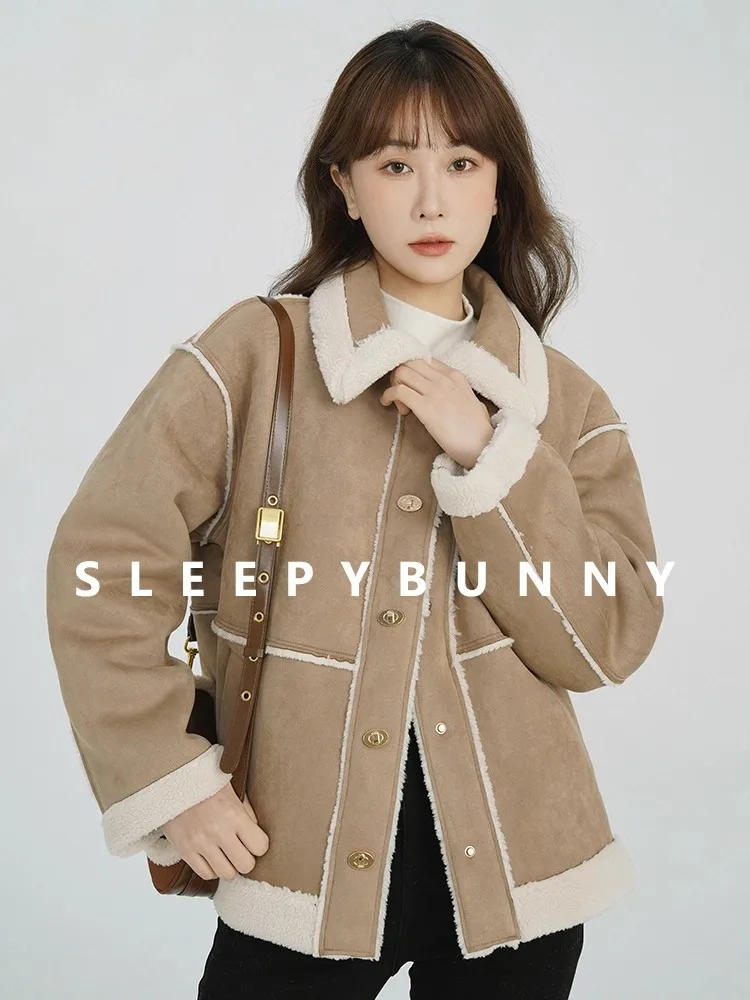 

Faux Suede Fur Lined Short Jacket Women Warm Shearling Coat Thick Plush Outerwear with Turn Down Collar Cozy Lamb Wool Style Top