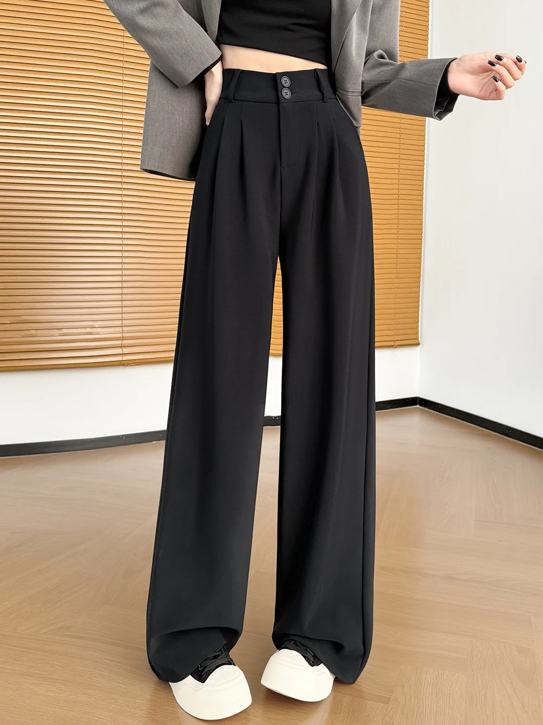 슬림핏 와이드 레그 팬츠 여성 캐주얼 스트레이트 컷 바지 하이웨이스트 엘라스틱 웨이스트 폴리에스터 스판덱스 혼방 겨울 신상...