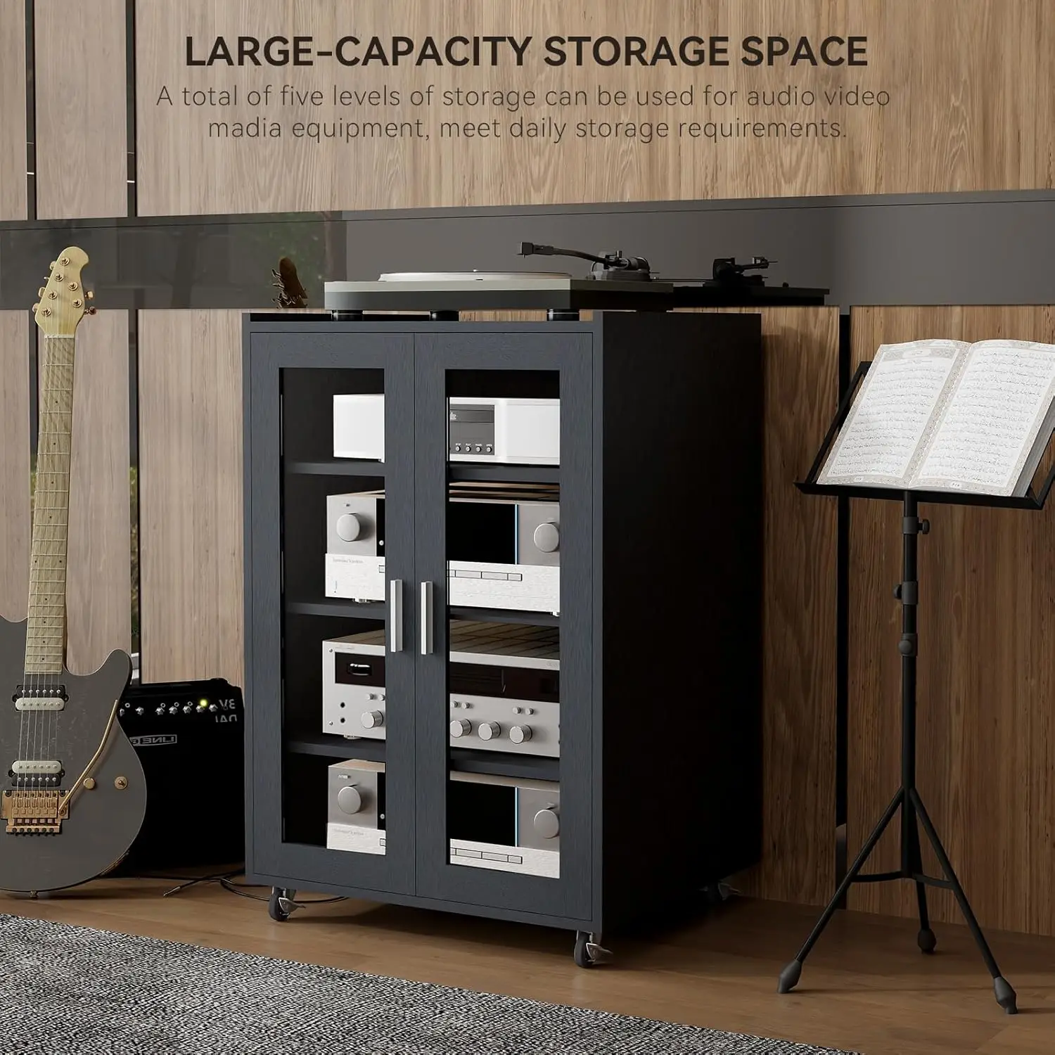 Media Storage Cabinet, Audio-Video Media Stand,Stereo Cabinet with 4 Height-Adjustable Shelves, AV Cabinet Audio Rack with Glass