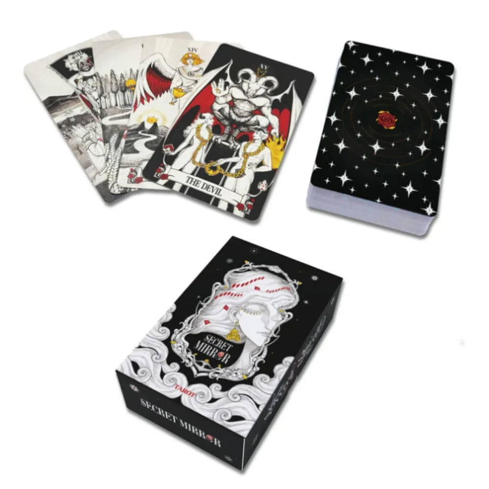 

12*7cm Secret Mirror Tarot Feminine Art Tarot In Rich Symbolism with Monochrome Realm:Black, White, Red, Gold- with Guidebook