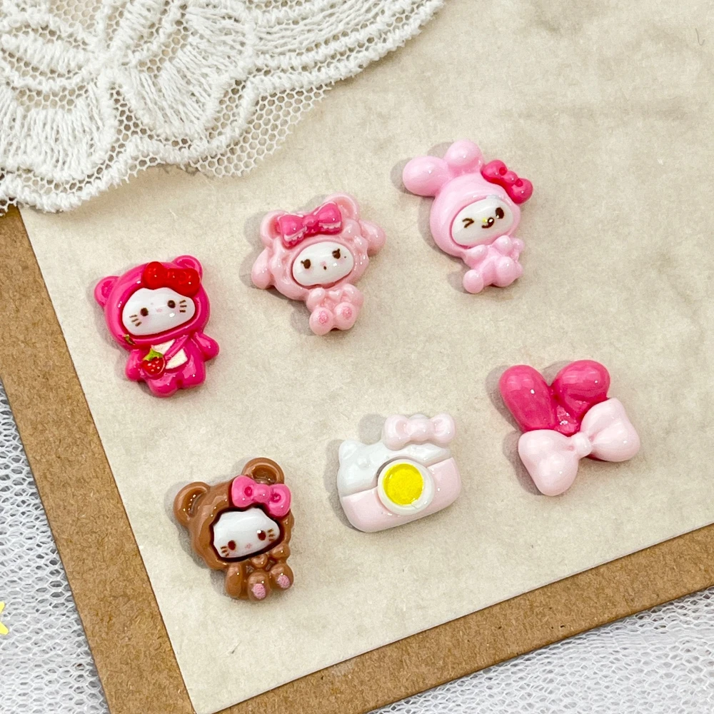 20Pcs Sanrio Teddy Bear Hello Kitty Nail Art Accessories Cartoon Camera Bowknot Wearable False Nails Resin Decoration Supplies