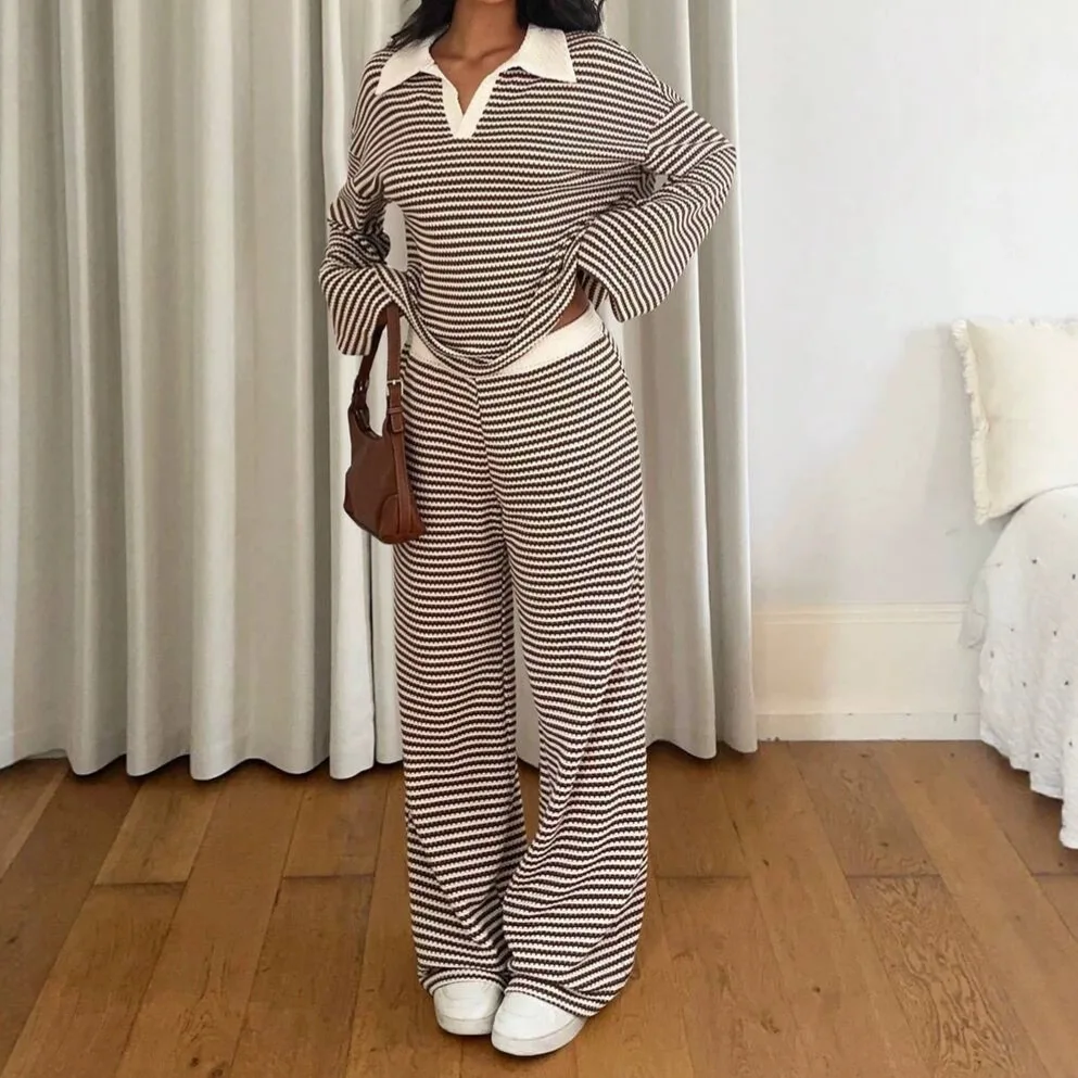 Two Piece Set Women Outfit 2026 Spring New Turn-down Collar Long Sleeve Loose Striped Top & Casual Home Daily Pants Set