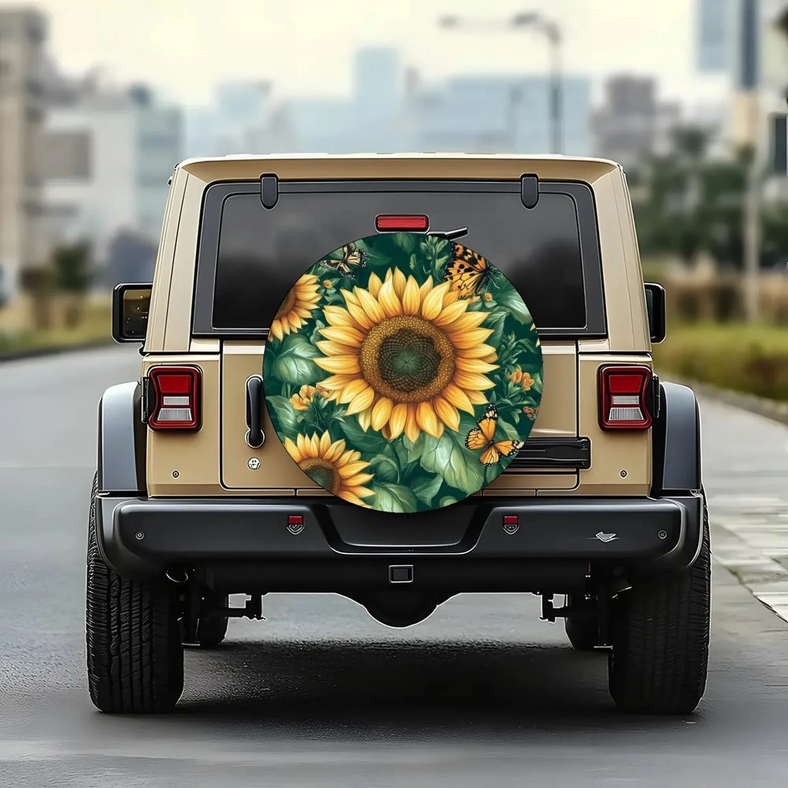 1pc Sunflower And Butterfly Tire Cover - Floral Design, Durable Polyester Tire Protector, Suitable For Cars, Trucks, SUVs - Styl