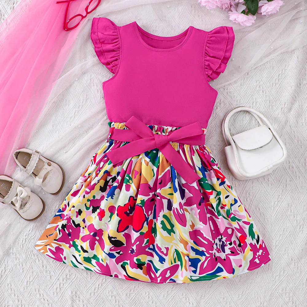 Girls' summer style small fly sleeve top, colorful printed short skirt two-piece set, fashionable and casual set