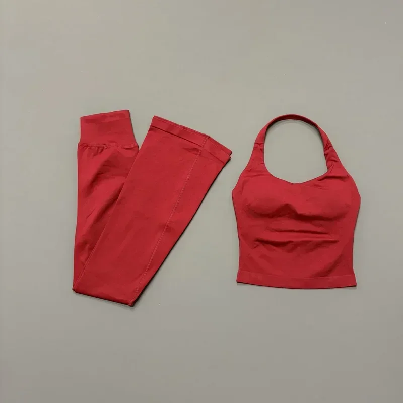2-teiliges Fitness-Set für Damen: Nahtloses Gym-Haltertop und Hüftliftende Schlaghose für Yoga, Laufen und Workout – Detail 21