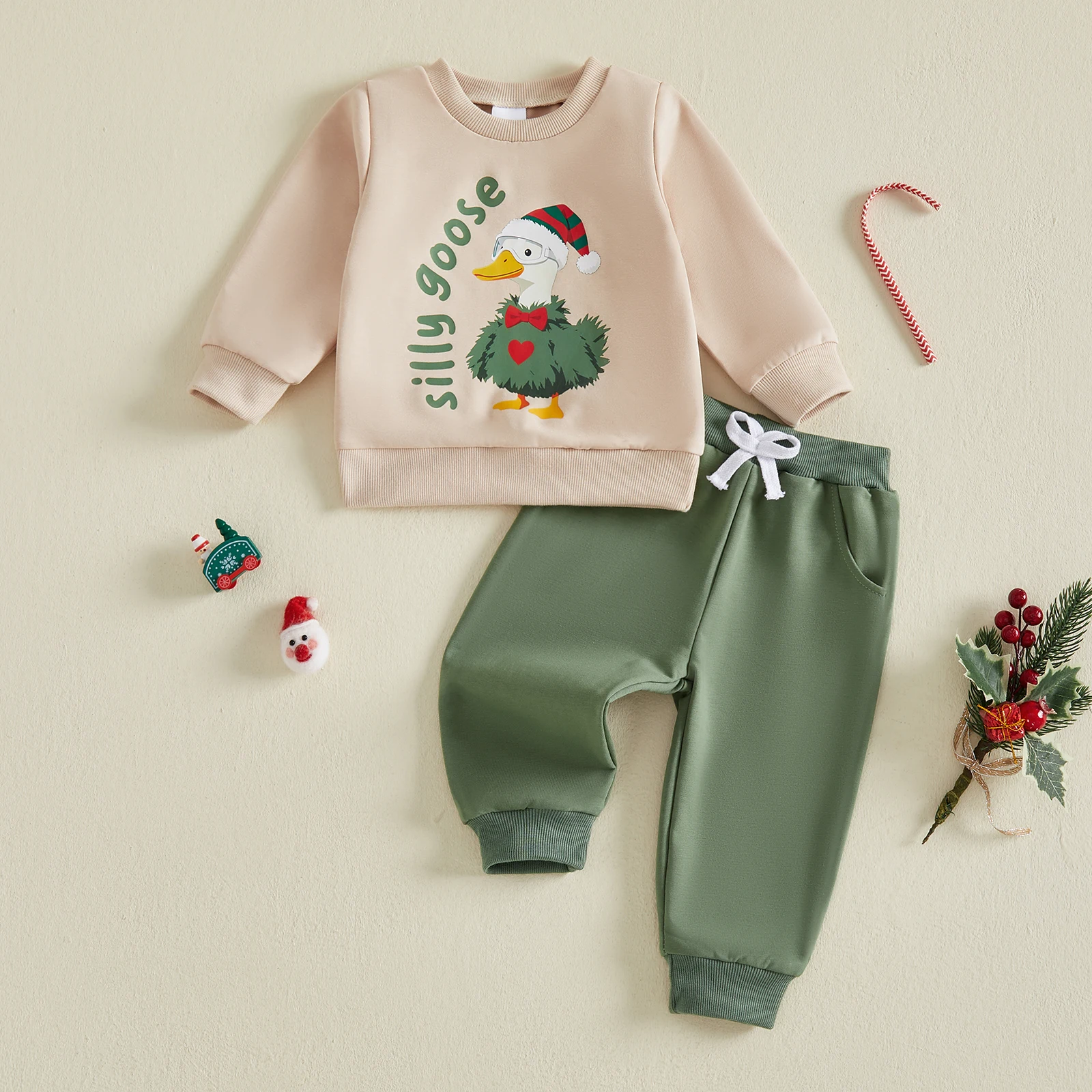 Toddler Baby Boy Christmas Outfit Long Sleeve Silly Goose Printed Sweatshirt with Pants Casual Boys Xmas Set