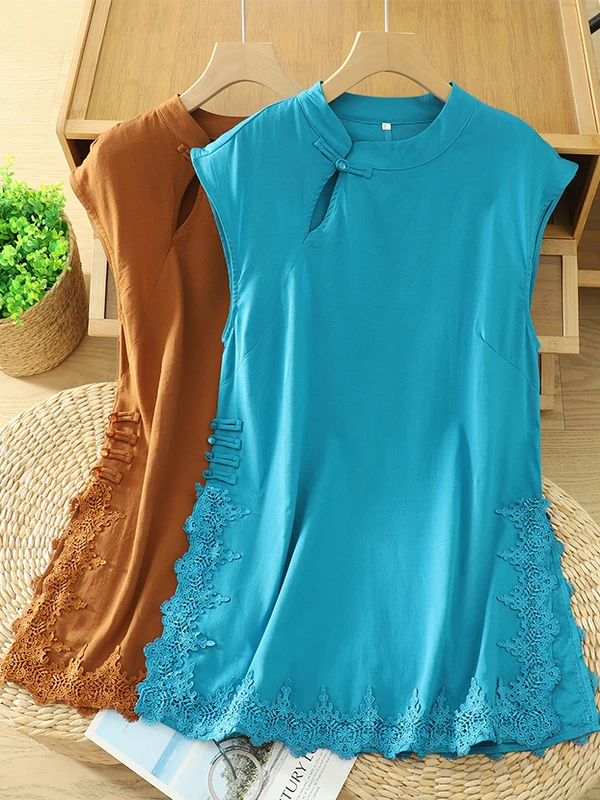 

Модный хлопково-льняной жилет для женщин больших размеров с вышивкой, кружевными пуговицами, без этикетки, винтажный прямой крой, летний