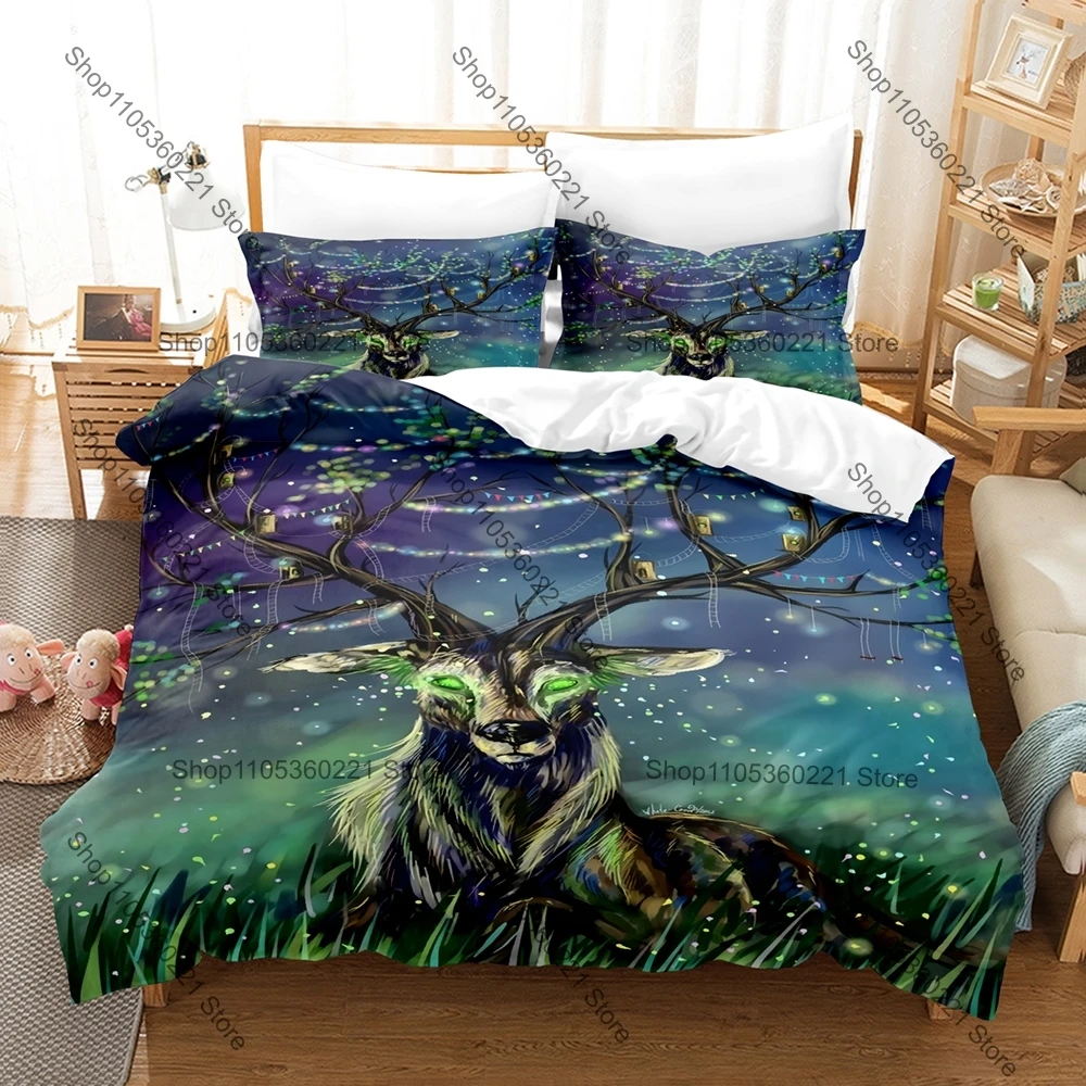 Kawaii Deer Artistic Prints Wildlife Three Piece Bedding Set Luxury Comforter Set with Queen King Size Cool Animal household goo