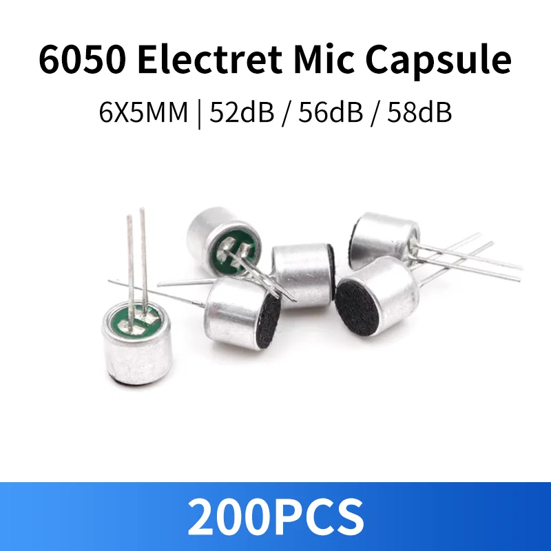200PCS 52DB MIC Capsule Electret Condenser Pickup Microphone 6*5mm Tape Pin Mitophone 6050 Electret High Sensitivity 56-58