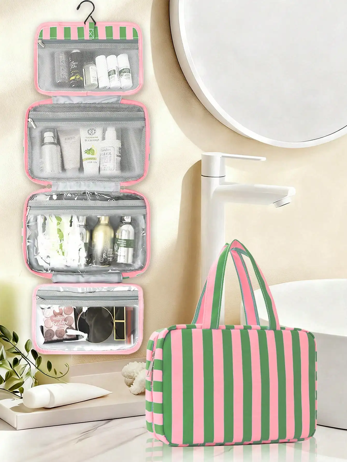 Fashionable Striped Contrast Color Foldable Toiletry Bag, Makeup Bag, Beach Bag, Holiday Essentials, Travel, Portable, Lightweight, Durable, Stylish, Gift For Her