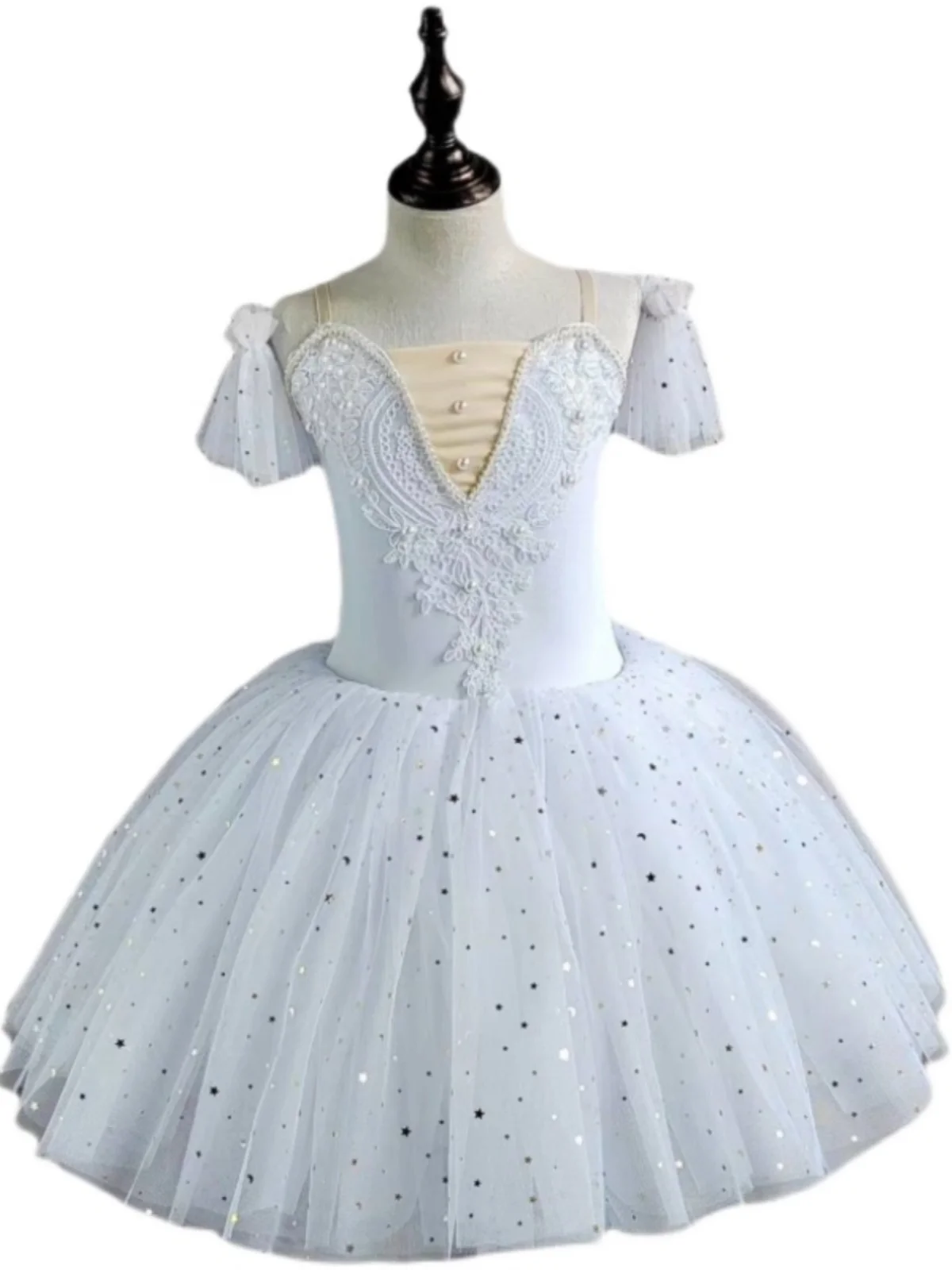 Vestido de balé com lantejoulas e tule para meninas, trajes de dança do cisne, roupas de princesa, tutu longo infantil, branco e rosa