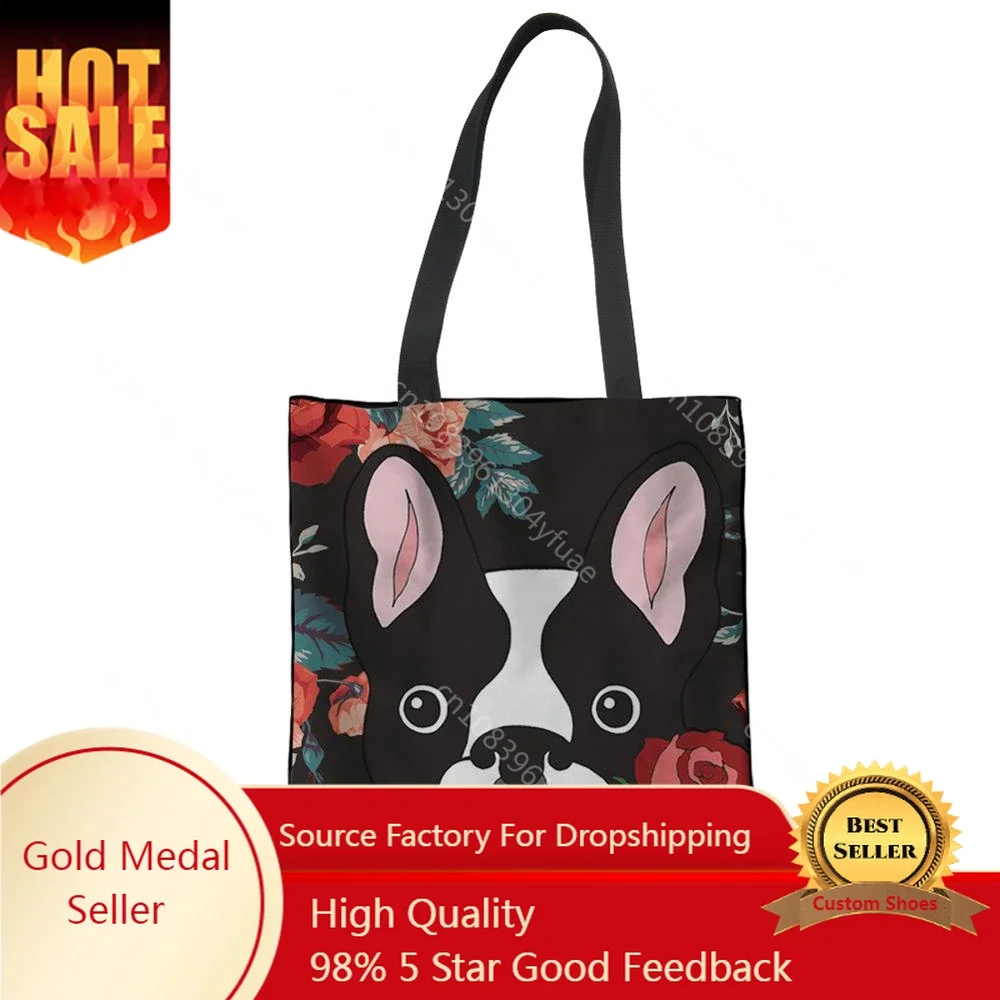 

Floral Boston Terrier Print Women Tote Bags Cute Female Ladies Summer Beach Handbags Casual Girls Shoulder Bags