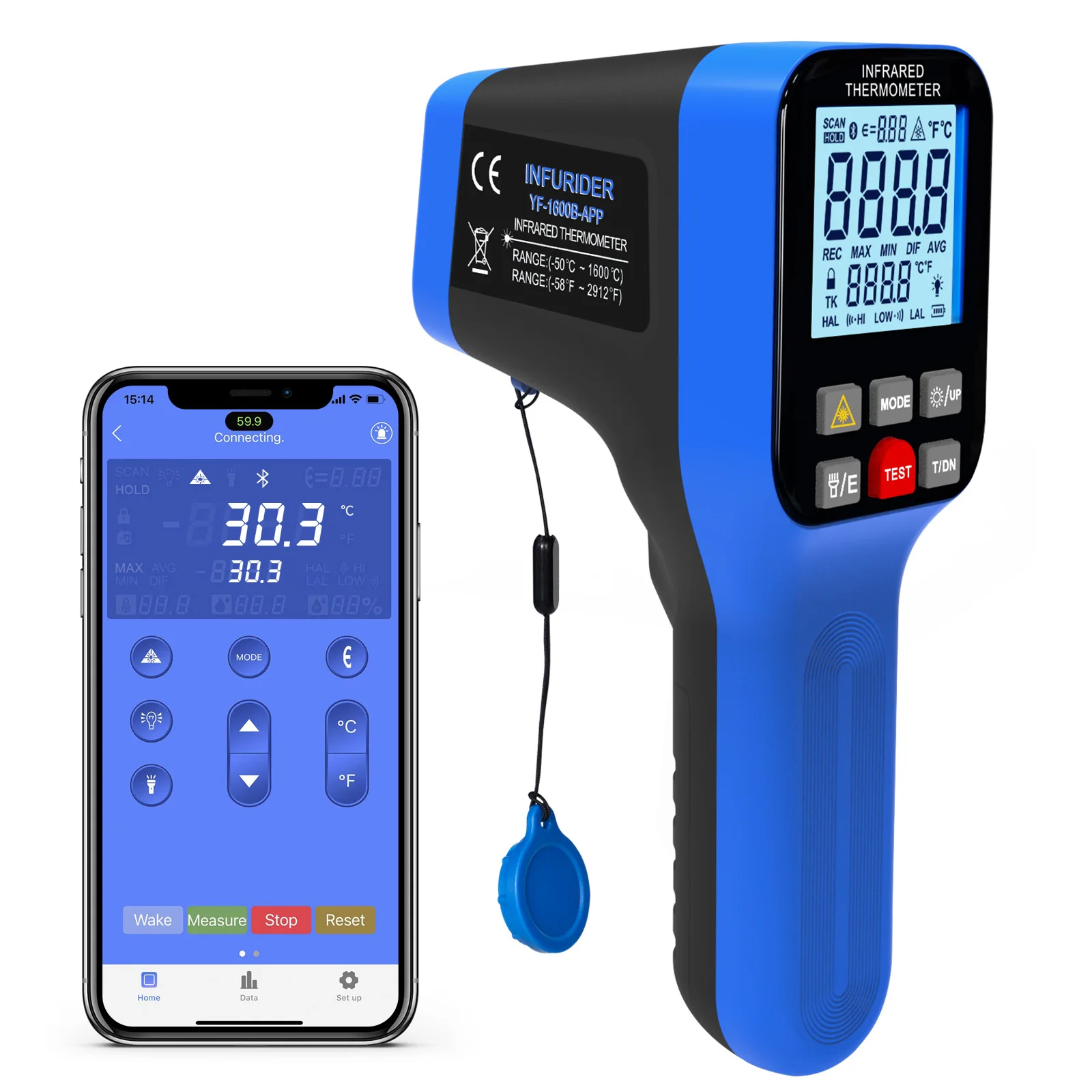 Termómetro Infrarrojo Digital Tipo Pistola 30:1, Medidor de Temperatura IR con Doble Láser para Altas Temperaturas -58°C ℉   a 2912 ℉   con Registro de Datos