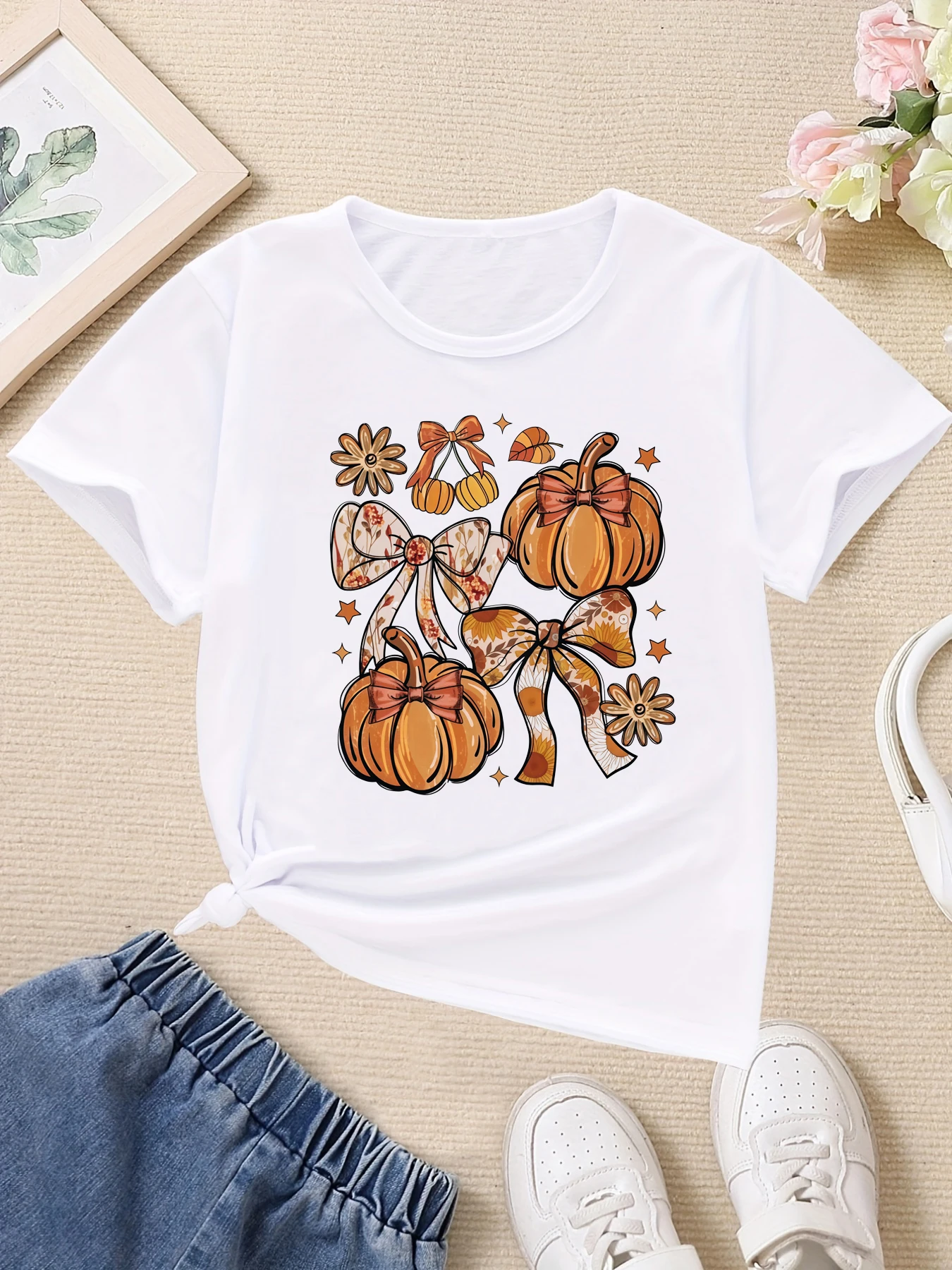 

Pumpkin Bows Fall Printed T Shirt Girls Thanksgiving Day T-Shirt Funny Kids Clothes