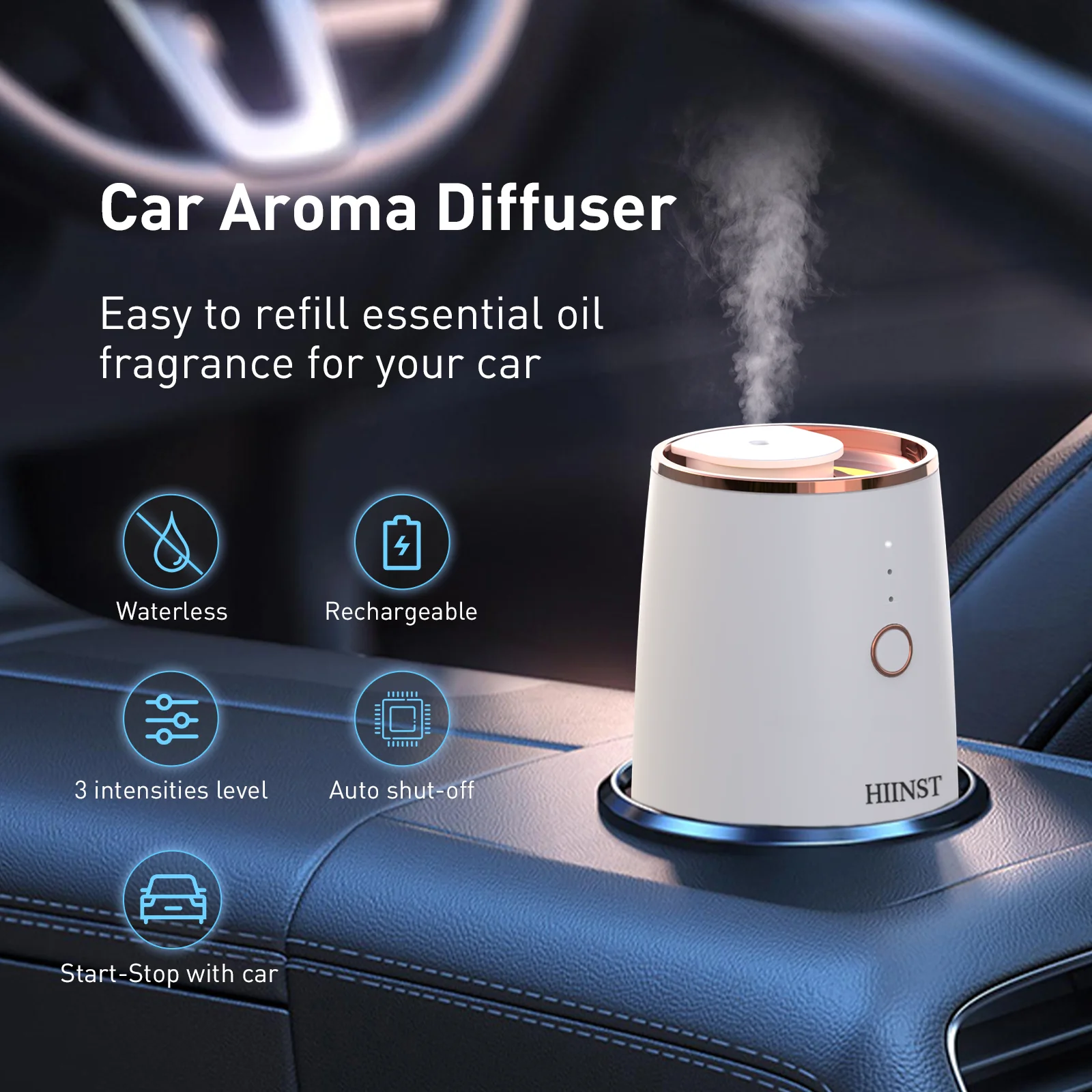 HIINST Aroma Essential Oil Diffuser With Start-Off Function USB Rechargeable Car Air Freshener 9 Color Lights Perfume Nebulizer