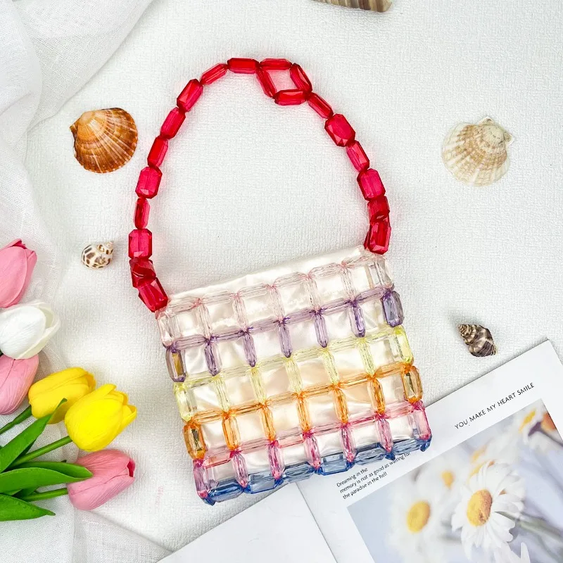 

Модная разноцветная прозрачная сумка с бисером, ручной работы, плетеная, с ажурным дизайном, женская вечерняя сумка