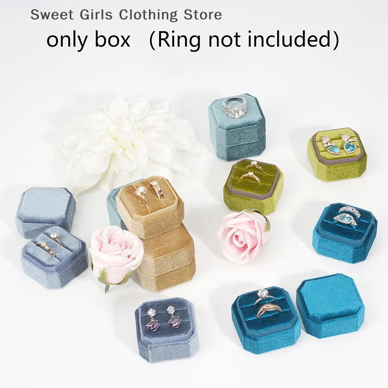 

1Pc Velvet Ring Box Double Ring Box With Detachable Lid 2 Slots Octagon Ring Display Holder Case For Engagement Wedding Proposal