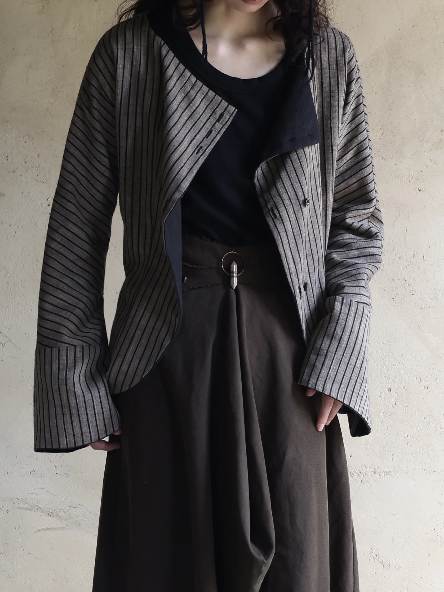 

Adjustable Waist Bla Striped Outerwear Original Design Reversible Faionable Vintage Autumn Winter Open Cardigan for Women