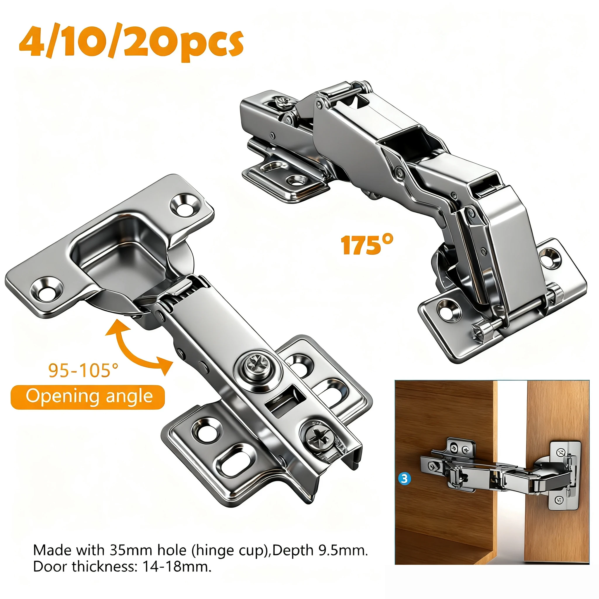 Charnières de placard en acier, 20/10/4 pièces, charnière de porte d'armoire de cuisine, fermeture automatique, charnière à superposition complète 95 ° -105 °   et 175 °   Ouverture