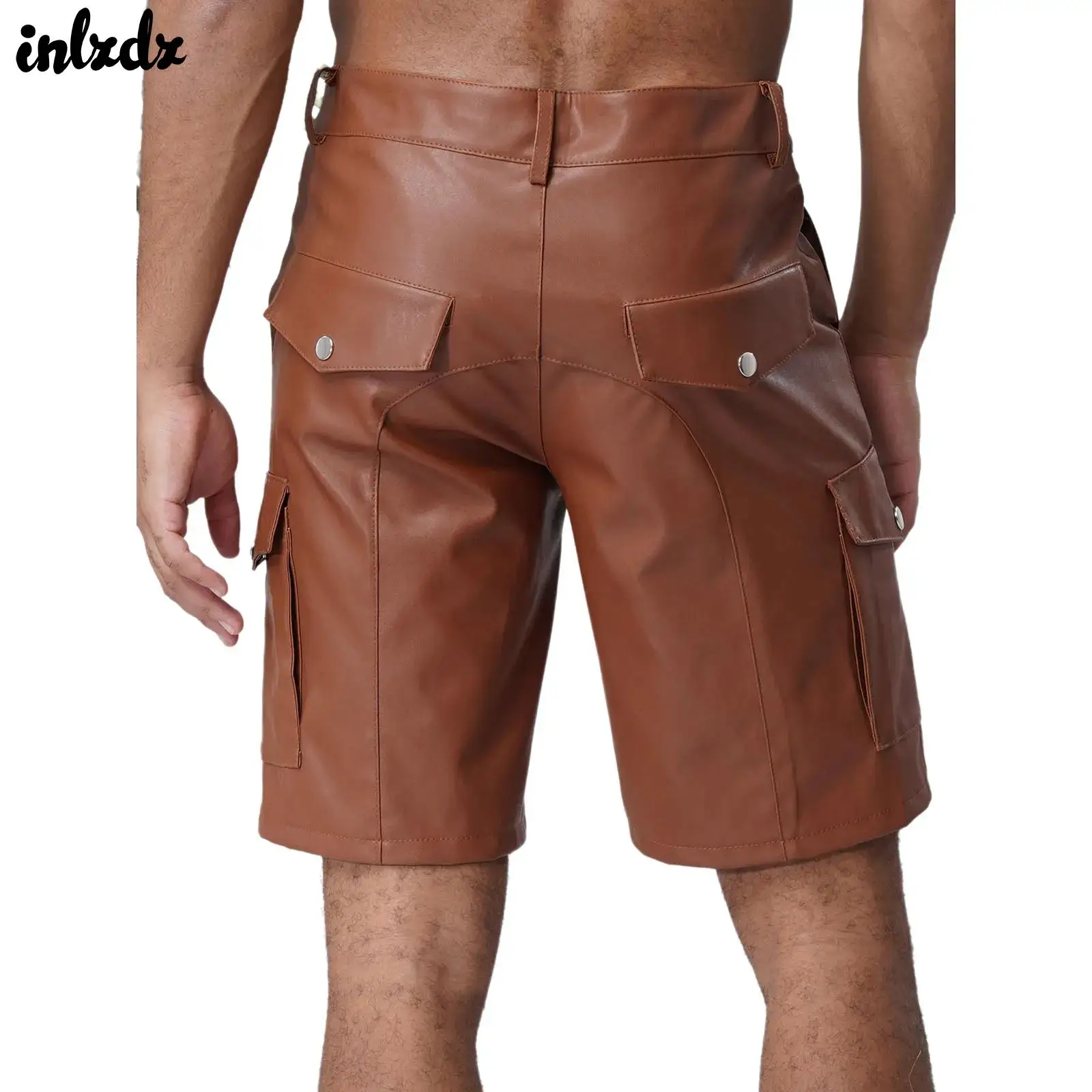 

Mens Faux Leather Motorcycle Biker Shorts Pockets Cargo Shorts Pants Fashionable Fifth Pants Gothic Punk Party Raves Clubwear