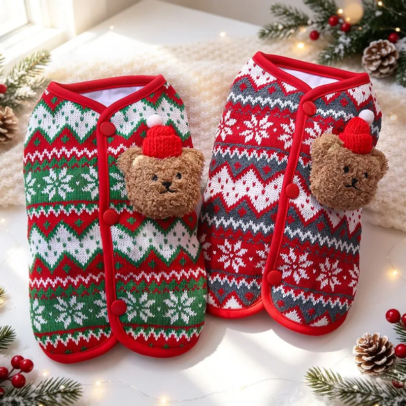 Christmas Style Pet Vest, Autumn/Winter Jacquard Knit Kitten Clothes, Thickened Warm Cartoon Maltese Back-Open Jacket