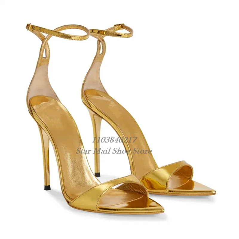 

Patent Leather Pointed Toe One Strappy Sandals Peep Toe Ankle Strap Stilettos Concise Design Evening Dress Shoe Women High Heels