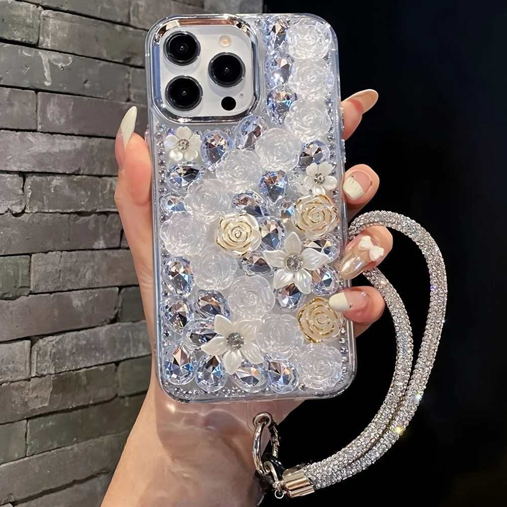 Con cordino di lusso 3D camelia strass Bling cassa del telefono per XiaoMi RedMi Note 14 Pro Plus 14S 13 12 Turbo 4G 5G copertura