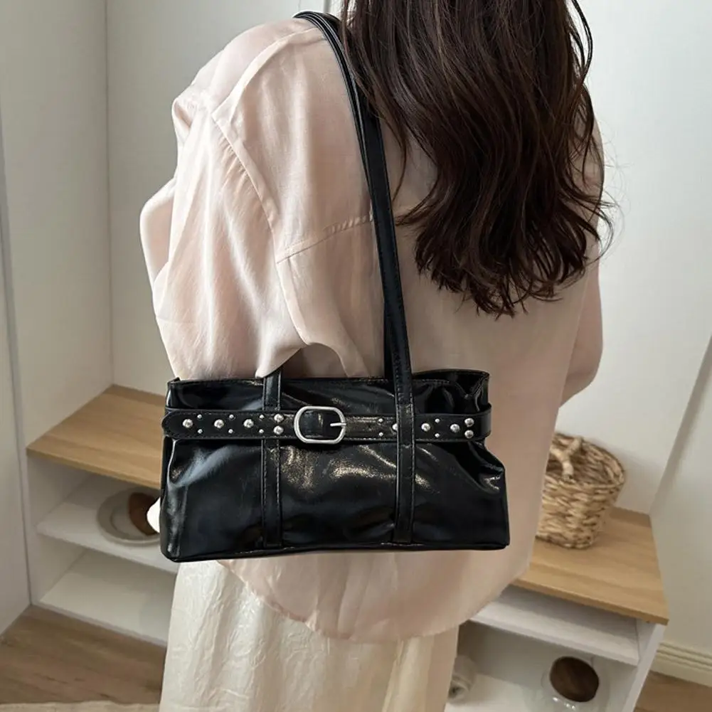 Vintage Motorrad-Gürtelschnallen-Schultertasche für Damen, europäische Retro-PU-Leder-Unterarmtasche, modische Handtasche für Büro und Pendeln – Detail 30