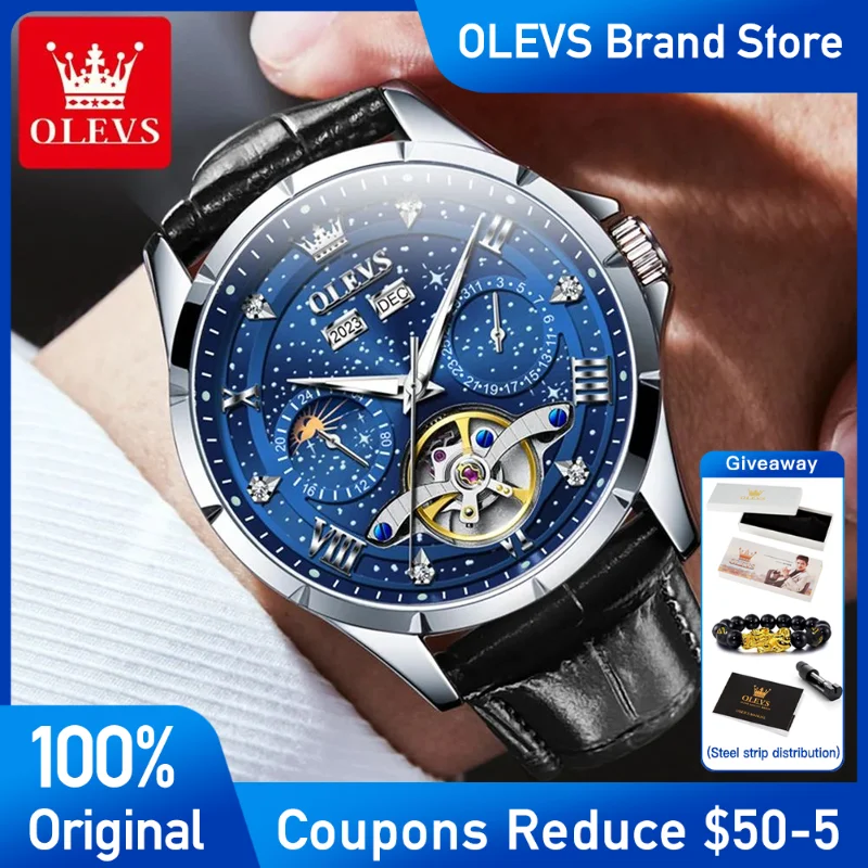 

OLEVS 6690 Mens Watch Original Automatic Mechanical Men's wristwatch Leather Strap Waterproof Luminous Dual calendar Brand Watch