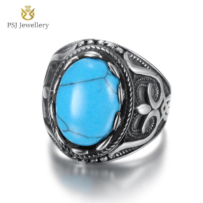 

PSJ Jewelry Fashion Vintage Style Oval Cut Turquoise Inlay Titanium Stainless Steel Rings for Men