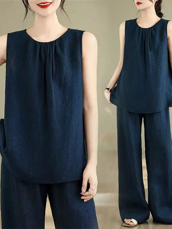  2025년 여름 블루 린넨 와이드 레그 팬츠 세트 고급 루즈핏 슬림핏 다용도 여성 출퇴근복