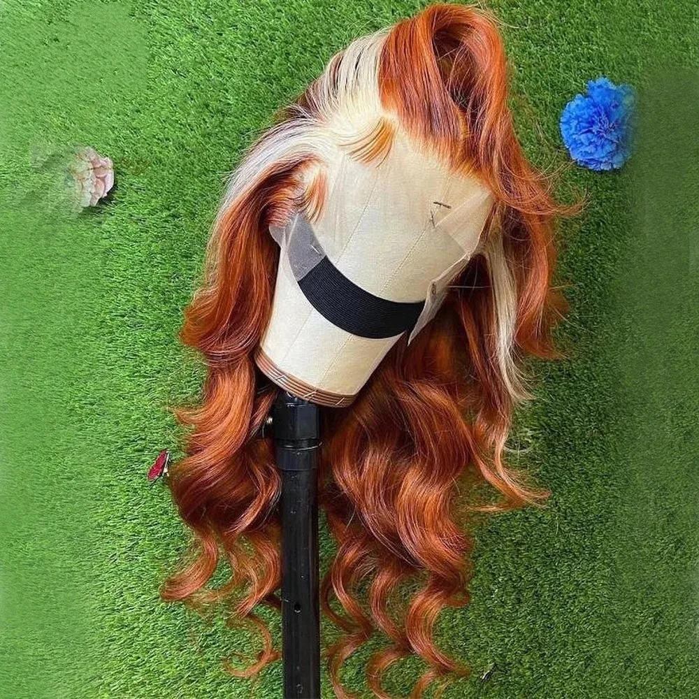 Body Wave Highlight Orange  Lace Front Wig Transparent Synthetic Lace Frontal Wigs For Black Women