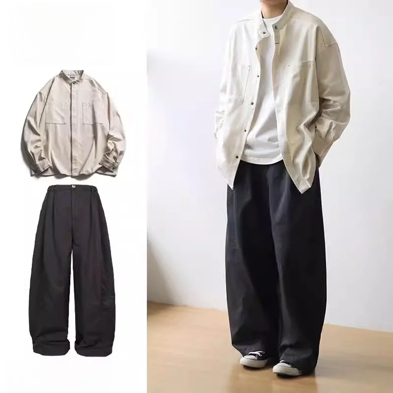 

Loose Long Sve Pure Color Men's irt BF Sle Small Stand Collar Autumn Japanese Retro Set Two-Piece Set Polyester Fiber