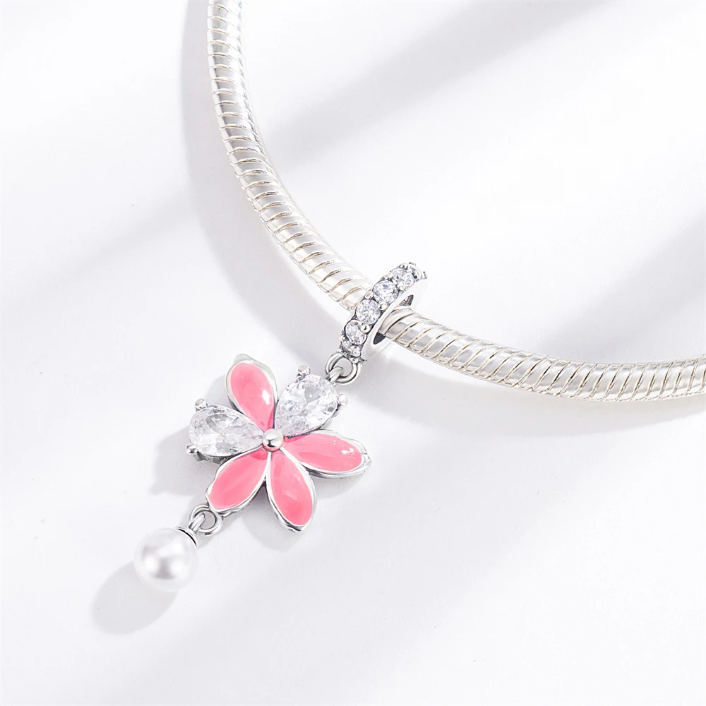 Pan Charms Original Pink Flowers & Pearls Dangle Charm Bracelet Pendant Jewelry