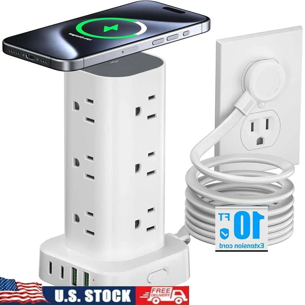 

Tower Power Strip with Wireless Charger 12 AC Outlets 4 USB Ports 2 USB C 10FT Flat Plug Surge Protector Charging Station