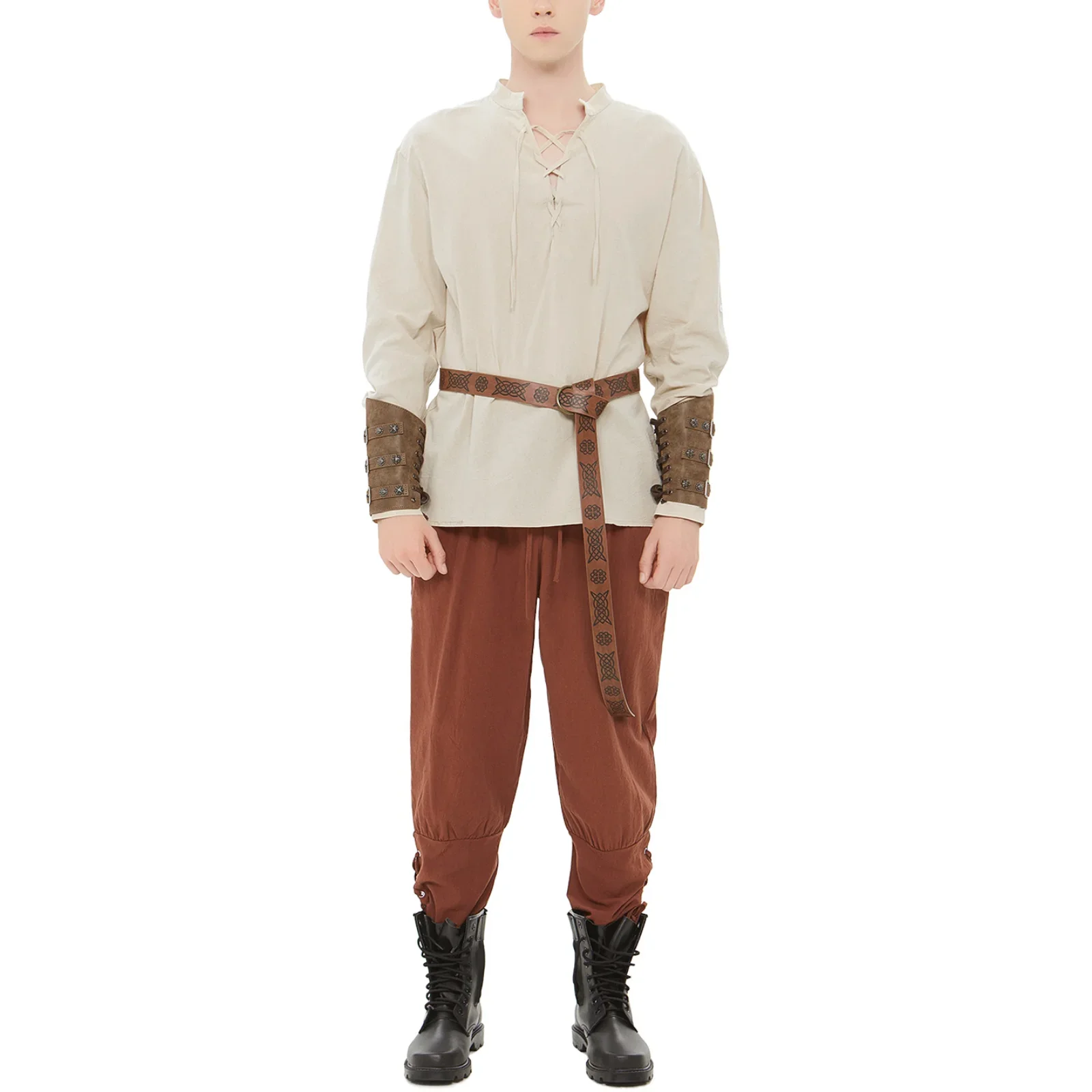 Fantasia de cosplay de pirata viking, renascentista medieval, masculina, camisa com alças, calças, cinto de couro, protetores de pulso, conjunto de acessórios para halloween