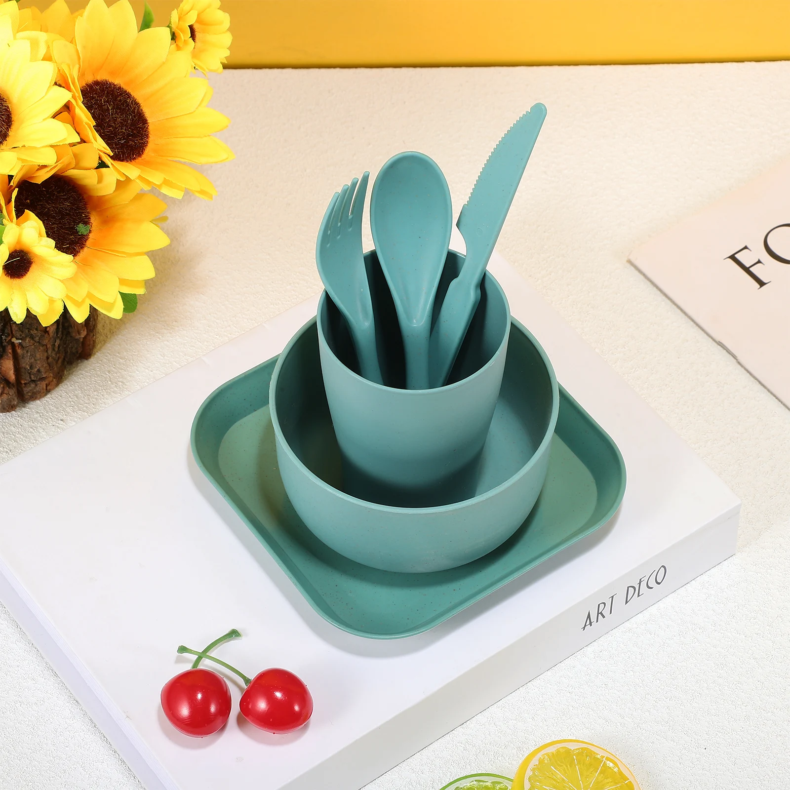 

1 set Cyan Tableware Set Wheat Straw Material Unbreakable Reusable Cutlery Camping Travel Dinnerware Kit for Outdoor Picnic Home