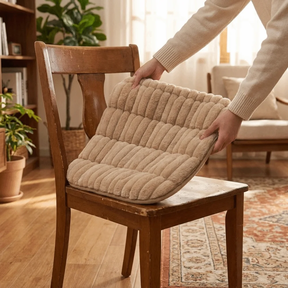 Solid Color Slow Rebound Striped Seat Cushion Ultra Soft Anti-Slip Chair Cushion Warm Butt Pad Winter Season