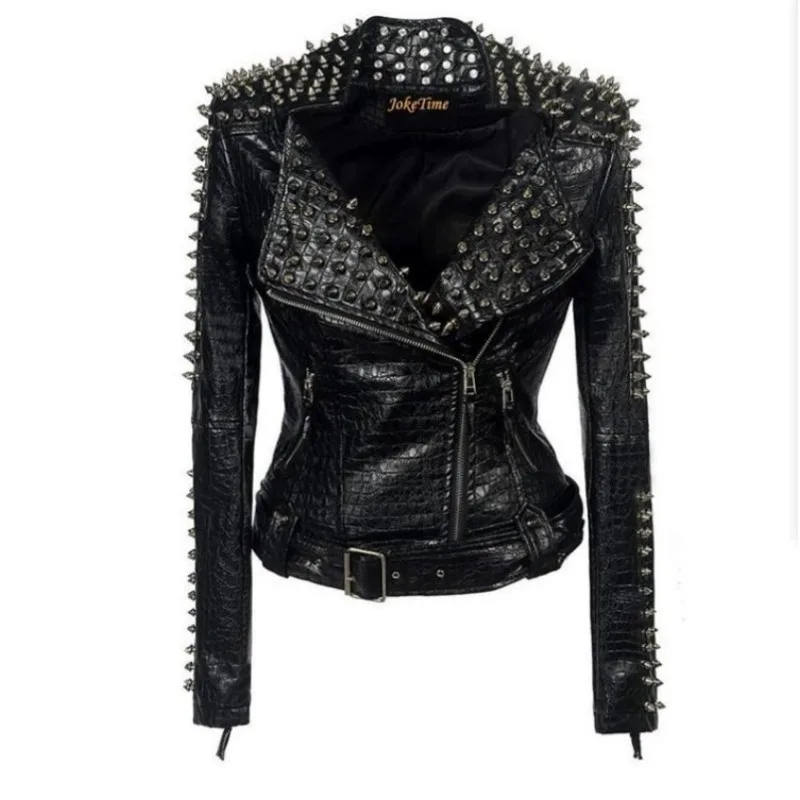 Giacca da donna Punk in ecopelle PU nera con borchie rivetto moda Streetwear cappotto da moto