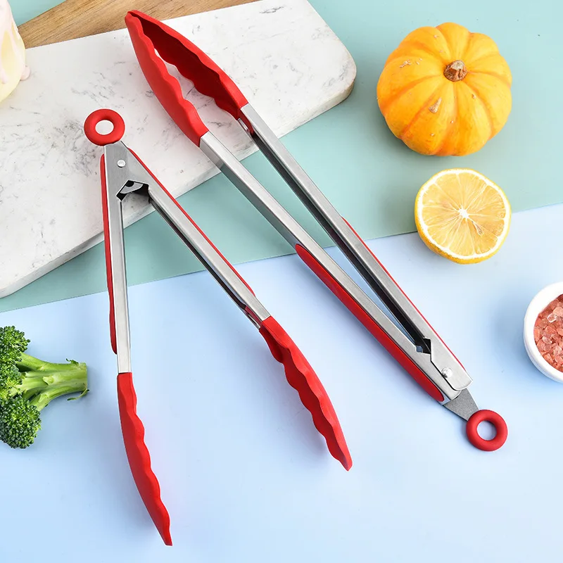 Stainless Steel Barbecue Tongs Kitchen Cooking Salad Bread Silicone Barbecue Serving Tongs Non-stick Grill Clips Grill Tools