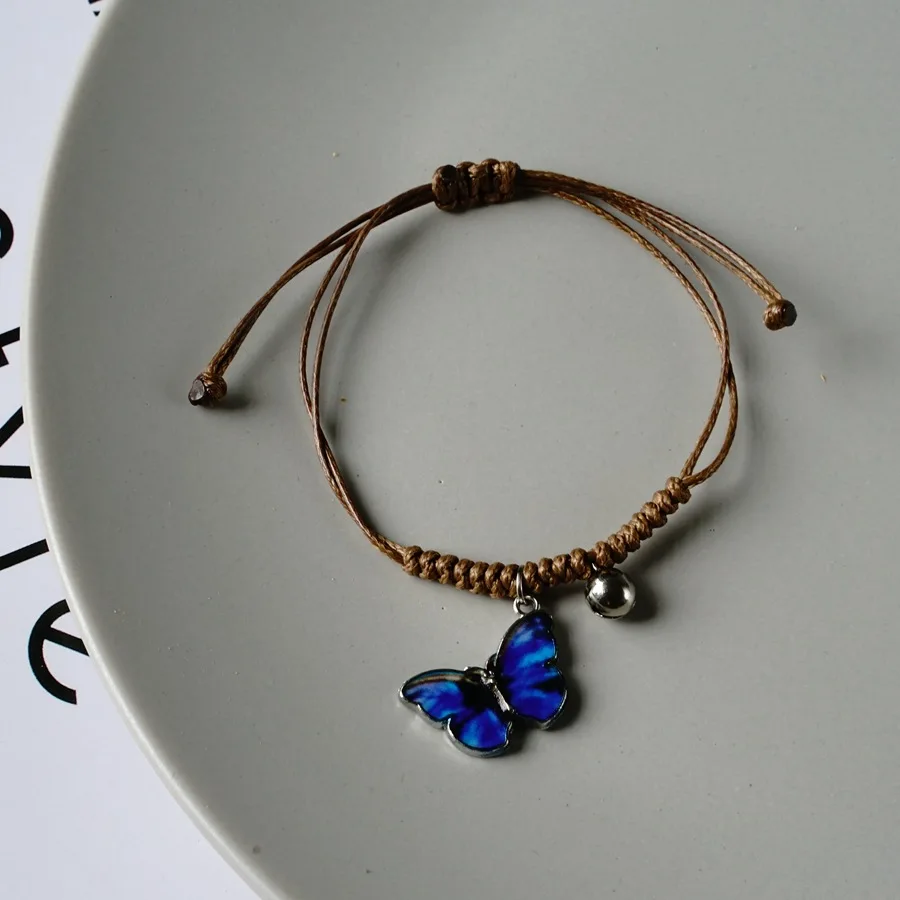 Trendy Couple Blue Butterfly Bracelet for Women Niche Chic Braided Bell Pendant Adjustable Bracelet Simple Couple Jewelry Gifts