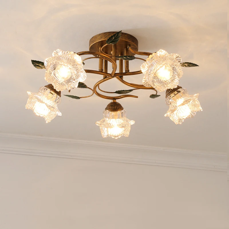 Vintage LED Ceiling Light European Villa Hotel Wedding Decoration Green Plant French Flower Bedroom Corridor Balcony Lighting