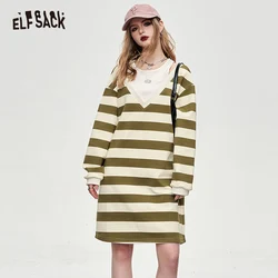 ELFSACK slip stripe off the shoulder knit fabric women's t-shirt dress 2024 spring new mid long length casual style dress crew n