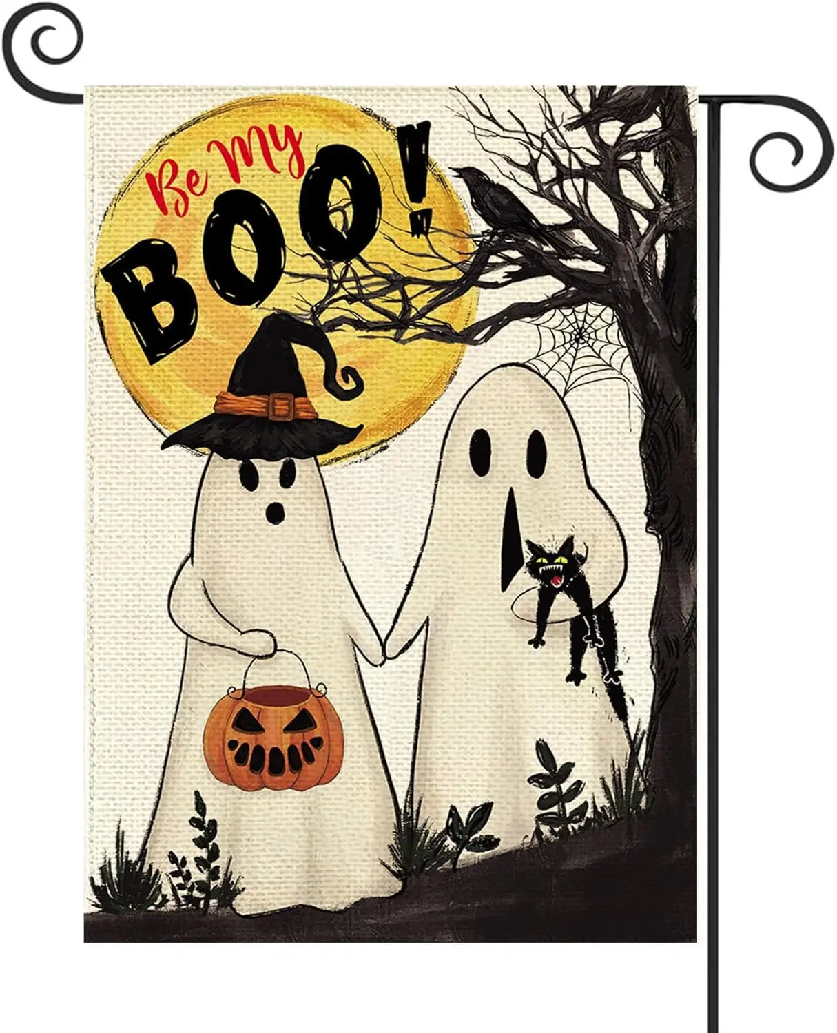 Baccessor Halloween Happy Be My Boo Garden Flag mini 12.5x18 Inch Double Sided Burlap Ghosts in Love with Pumpkin and Cat Yard F