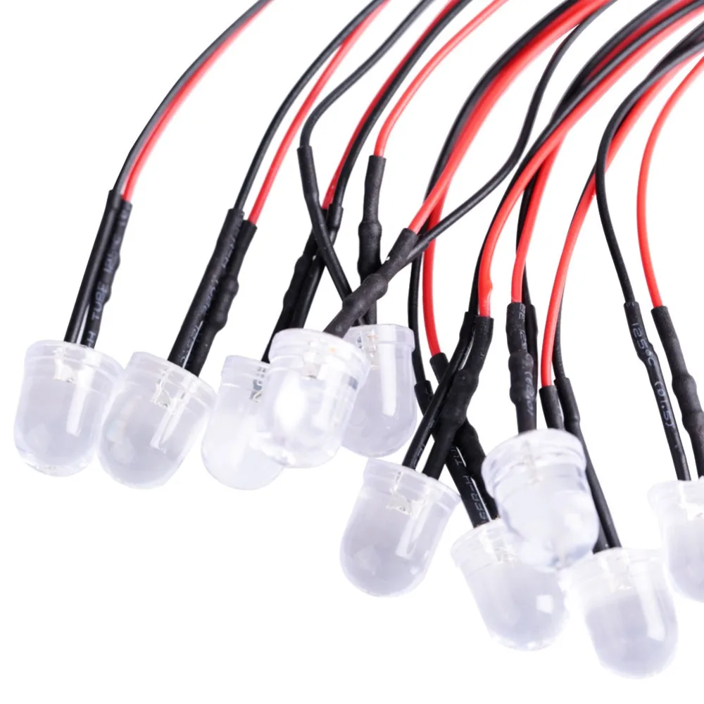 10PCS Low Power 12V LED Light Emitting Diode White 10mm Pre Wired LED Green Constant LED Indication Lighting