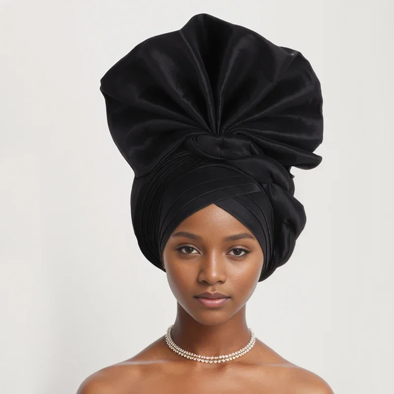 Women\'s Autogele Headtie Nigeria Raw Silk Fan Gele Wedding Party Head Wraps Headwear Turbante 2024 African Female Turban Cap