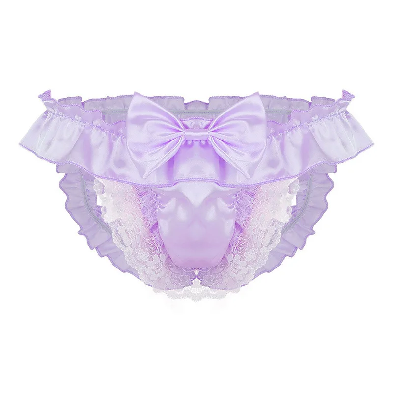 เร้าอารมณ์ผู้ชายชุดชั้นใน Sissy น่ารักหวานซาติน Bowknot Jockstrap เซ็กซี่ Lace Ruffled Hollow Out กางเกงสัมผัสก้นโป๊ทอง