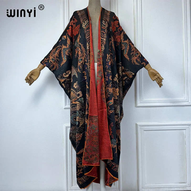 

WINYI High quality double-sided print open abaya dubai luxury coat Beach Wear Cover up elegant muslim Cardigan kimono maxi dress